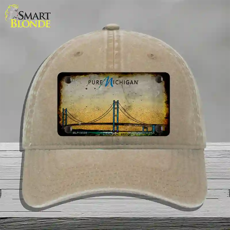 Pure Michigan Mackinac Bridge Rusty Novelty License Plate Hat Unconstructed Cotton / Khaki