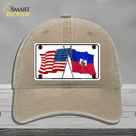 Haiti Crossed US Flag Novelty License Plate Hat Unconstructed Cotton / Khaki