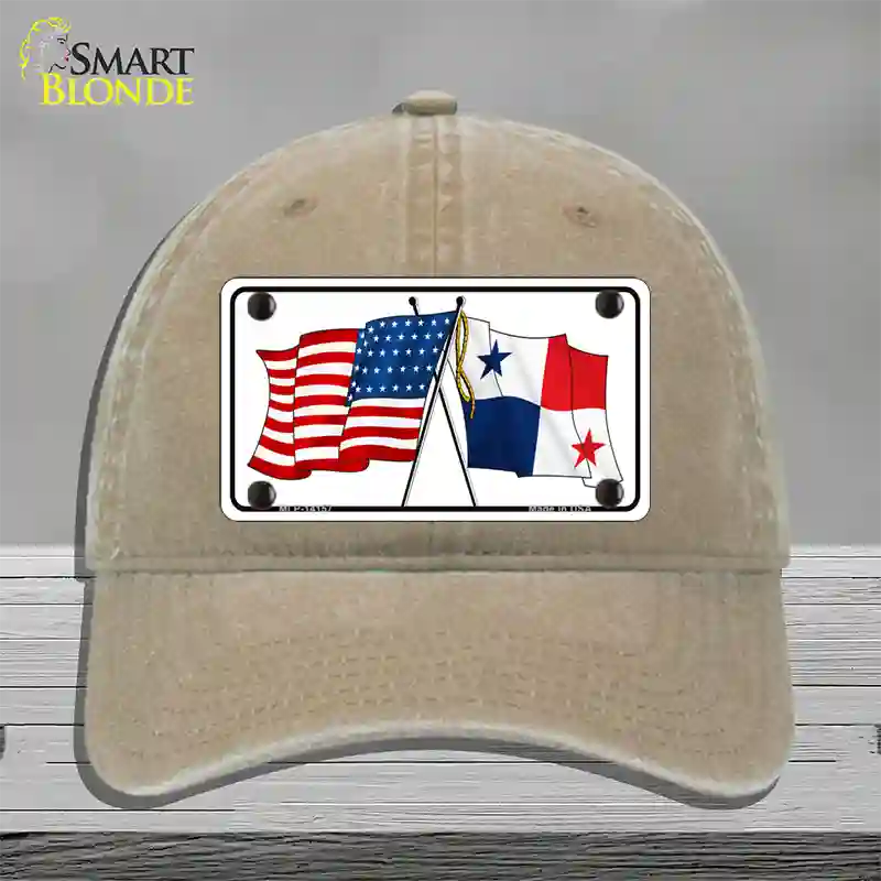 Panama Crossed US Flag Novelty License Plate Hat Unconstructed Cotton / Khaki