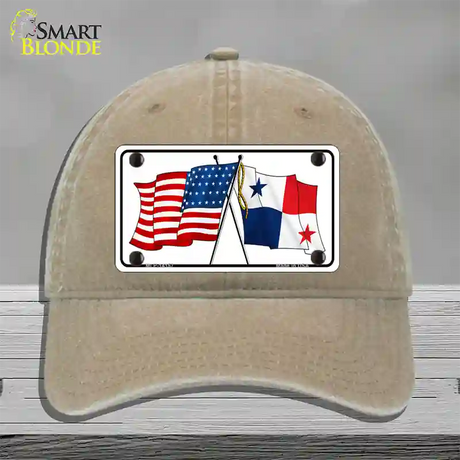 Panama Crossed US Flag Novelty License Plate Hat Unconstructed Cotton / Khaki