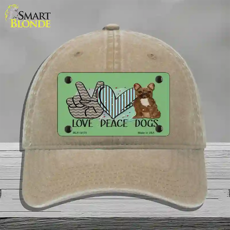 Peace Love Dogs Novelty License Plate Hat Unconstructed Cotton / Khaki