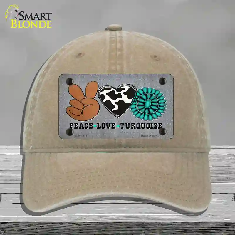 Peace Love Turquoise Novelty License Plate Hat Unconstructed Cotton / Khaki