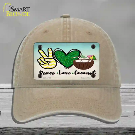 Peace Love Coconut Novelty License Plate Hat Unconstructed Cotton / Khaki