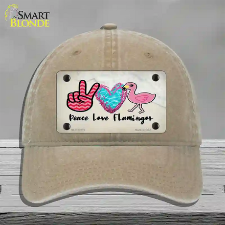 Peace Love Flamingos Novelty License Plate Hat Unconstructed Cotton / Khaki