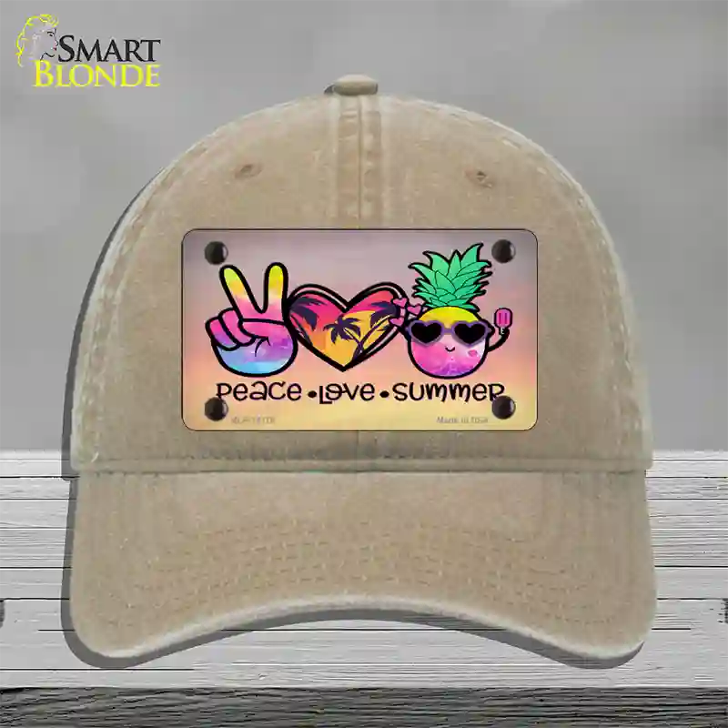 Peace Love Summer Novelty License Plate Hat Unconstructed Cotton / Khaki