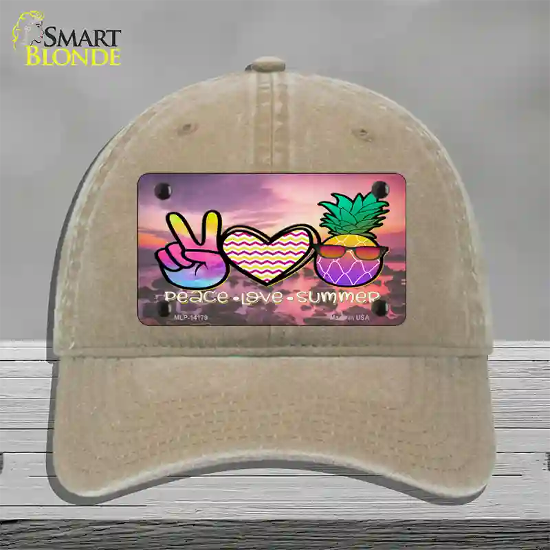 Peace Love Summer Pineapple BeachNovelty License Plate Hat Unconstructed Cotton / Khaki