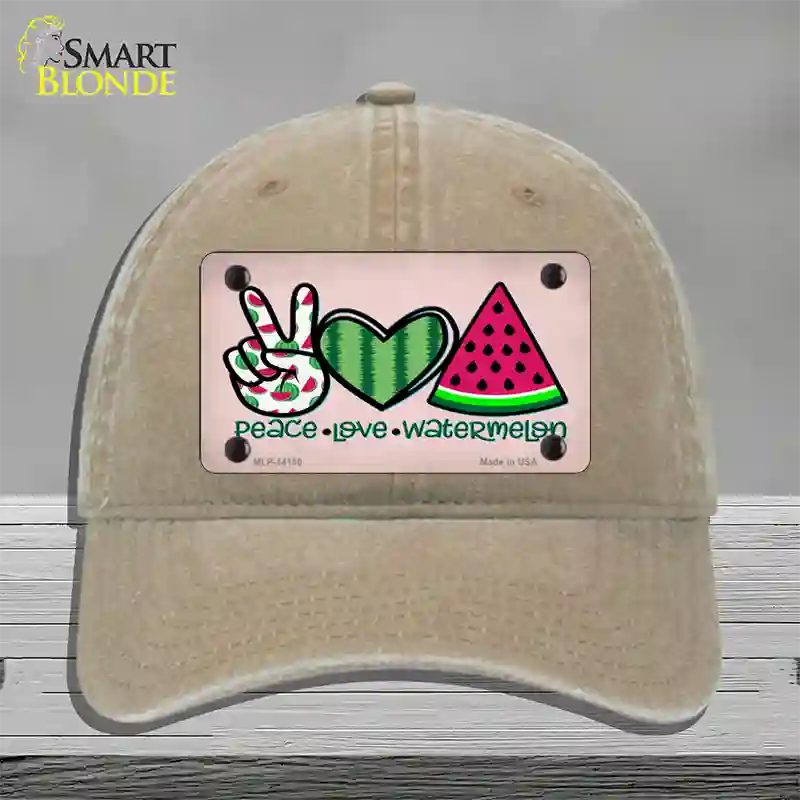 Peace Love Watermelon Novelty License Plate Hat Unconstructed Cotton / Khaki