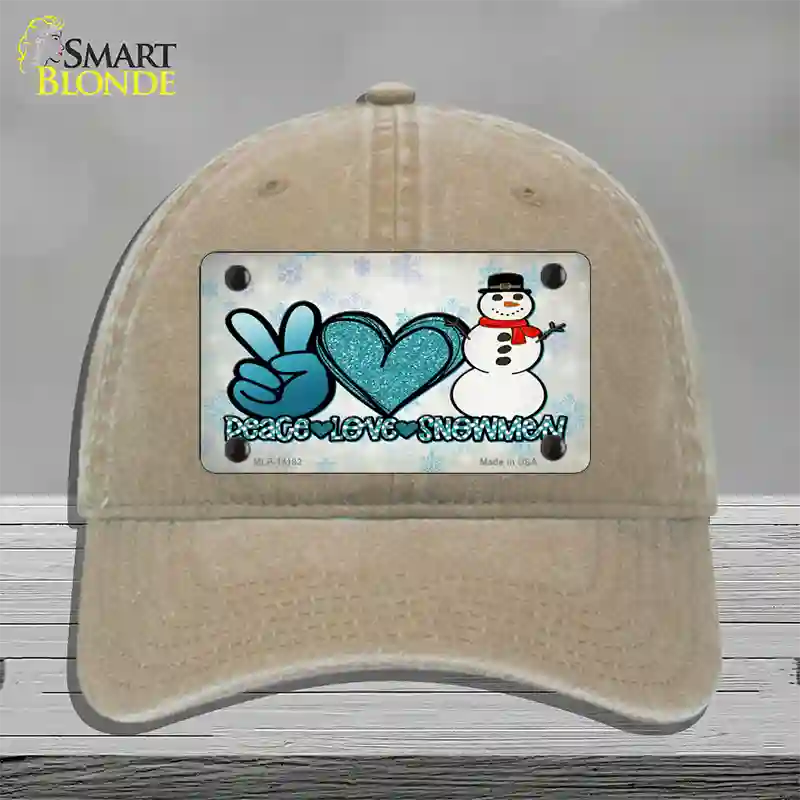 Peace Love Snowman Novelty License Plate Hat Unconstructed Cotton / Khaki