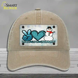 Peace Love Snowman Novelty License Plate Hat Unconstructed Cotton / Khaki