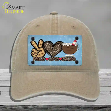 Peace Love Cocoa Novelty License Plate Hat Unconstructed Cotton / Khaki