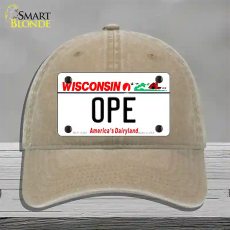 Ope Wisconsin Novelty License Plate Hat Unconstructed Cotton / Khaki