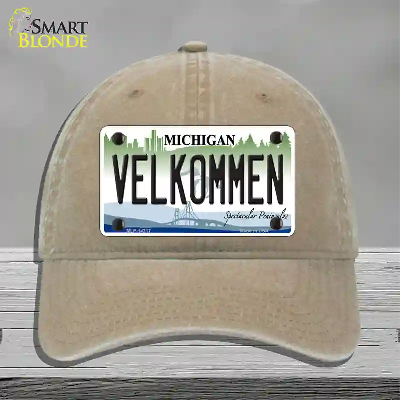 Velkommen Michigan Novelty License Plate Hat Unconstructed Cotton / Khaki