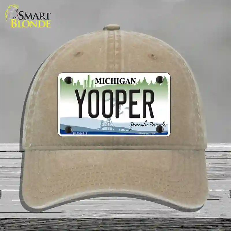 Yooper Michigan Novelty License Plate Hat Unconstructed Cotton / Khaki