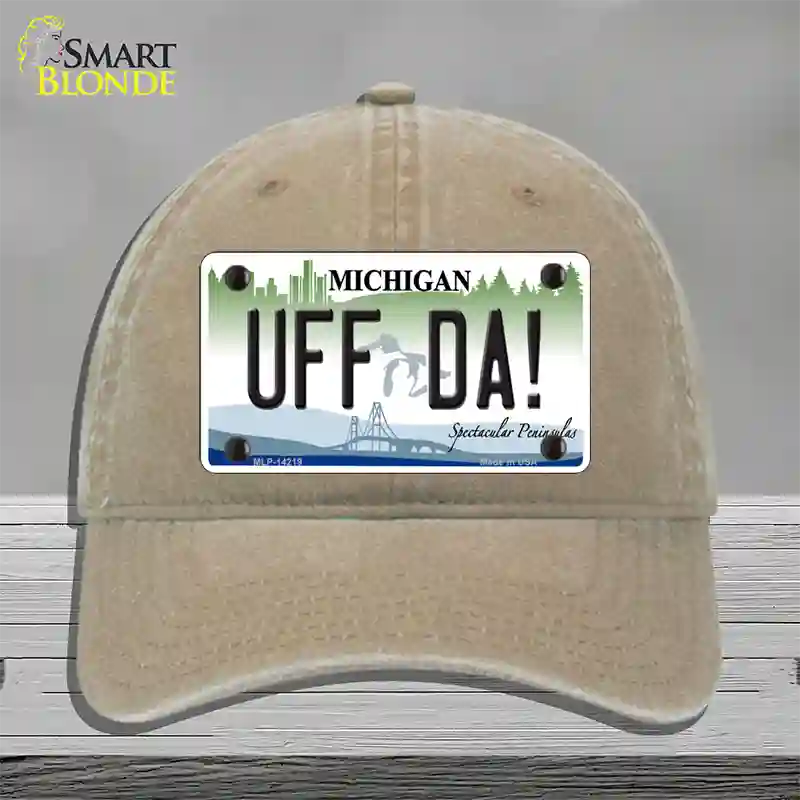 Uff Da Michigan Novelty License Plate Hat Unconstructed Cotton / Khaki