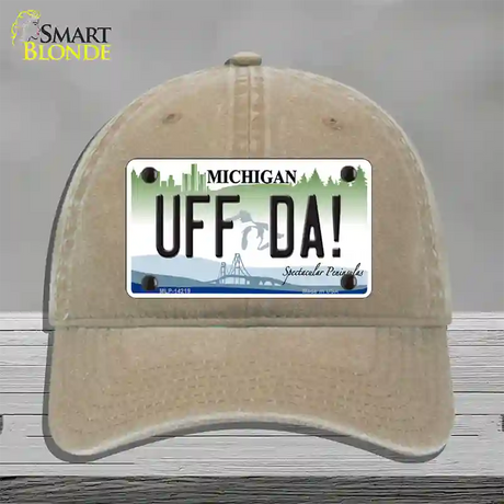 Uff Da Michigan Novelty License Plate Hat Unconstructed Cotton / Khaki