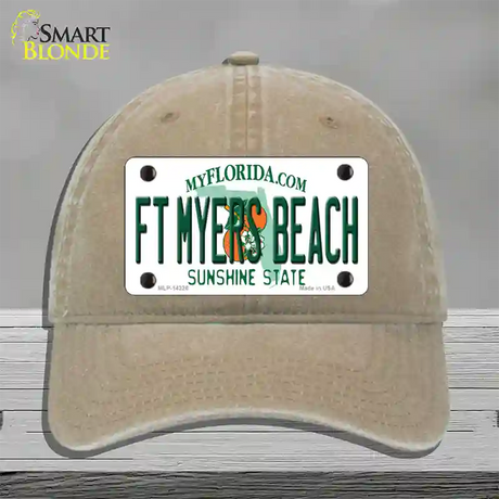 Florida FT Myers Beach Novelty License Plate Hat Unconstructed Cotton / Khaki