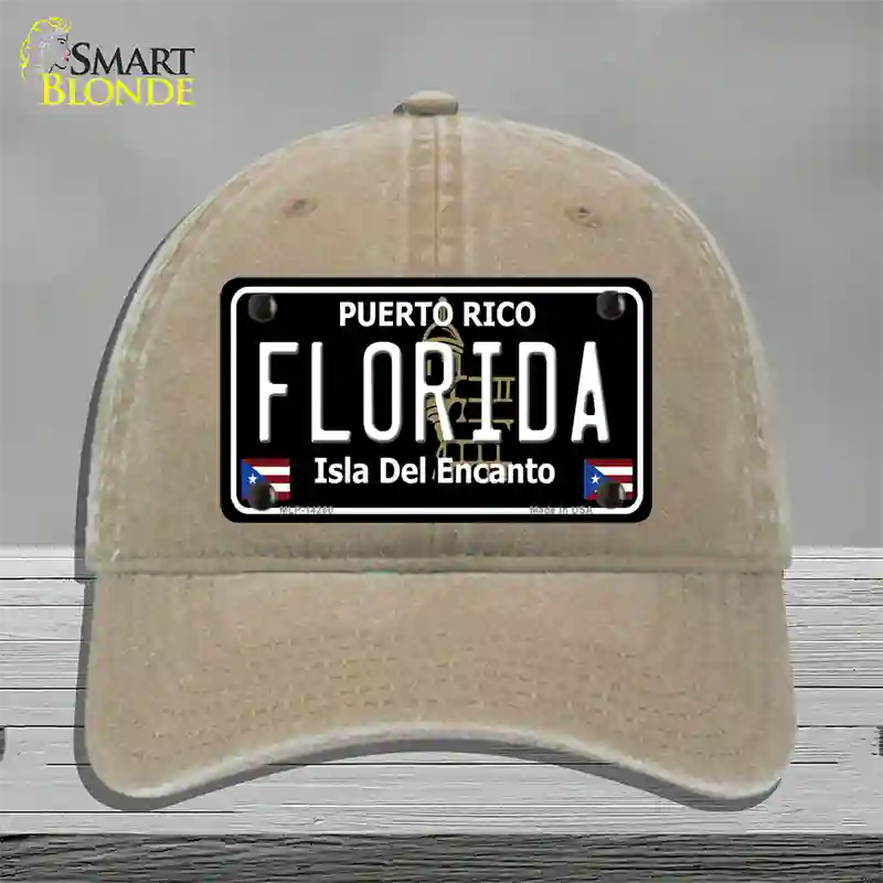 Florida Puerto Rico Black Novelty License Plate Hat Unconstructed Cotton / Khaki