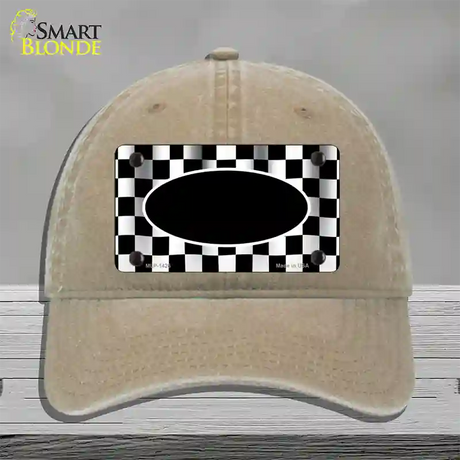 Waving Checkered Flag With Black Center Oval Novelty License Plate Hat Unconstructed Cotton / Khaki