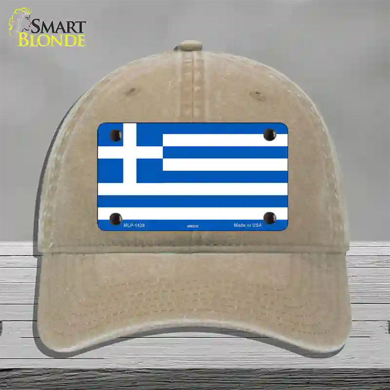 Greece Flag Novelty License Plate Hat Unconstructed Cotton / Khaki