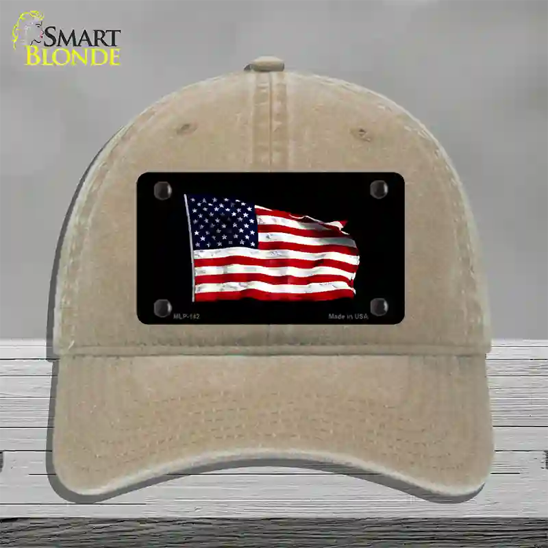 Waving American Flag Black Novelty License Plate Hat Unconstructed Cotton / Khaki