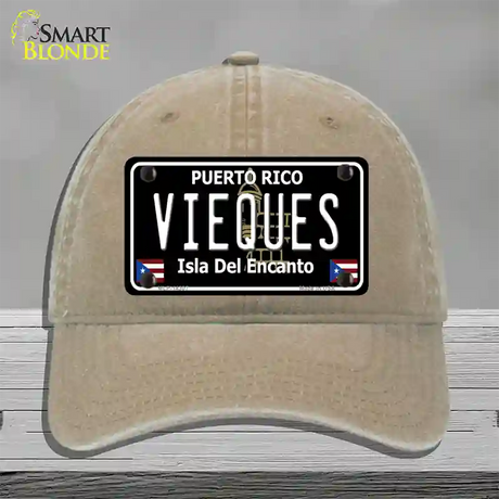 Vieques Puerto Rico Black Novelty License Plate Hat Unconstructed Cotton / Khaki