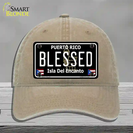 Blessed Puerto Rico Black Novelty License Plate Hat Unconstructed Cotton / Khaki