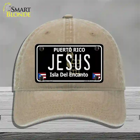 Jesus Puerto Rico Black Novelty License Plate Hat Unconstructed Cotton / Khaki