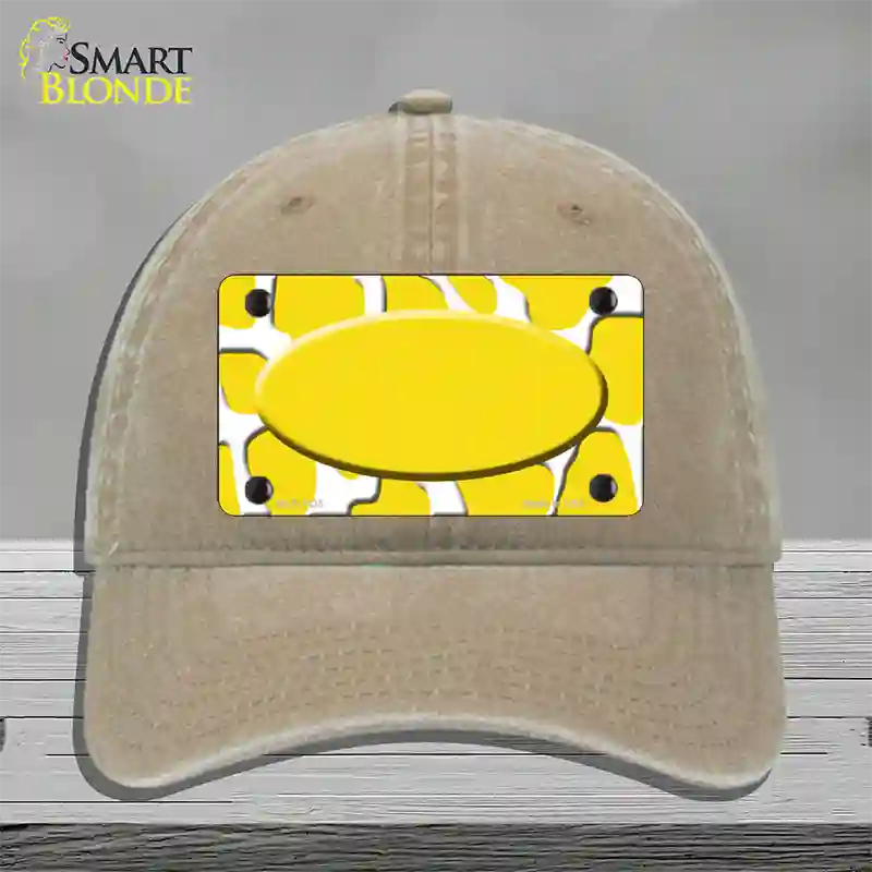 Yellow White Giraffe Yellow Center Oval Novelty License Plate Hat Unconstructed Cotton / Khaki