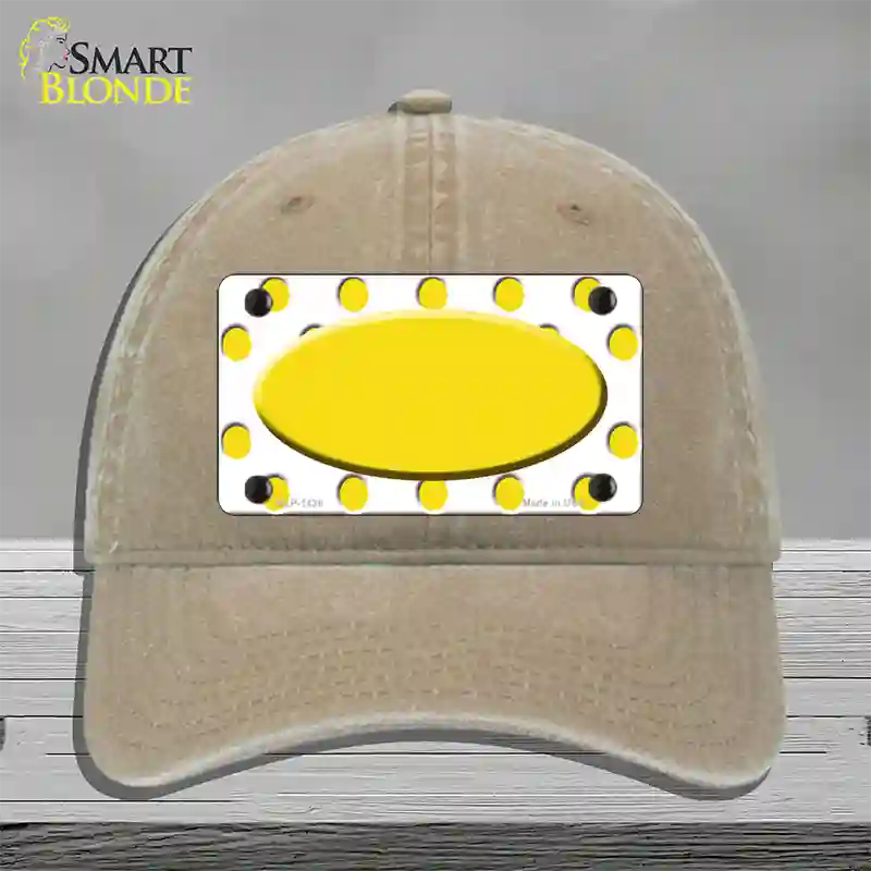 Yellow White Polka Dot Yellow Center Oval Novelty License Plate Hat Unconstructed Cotton / Khaki