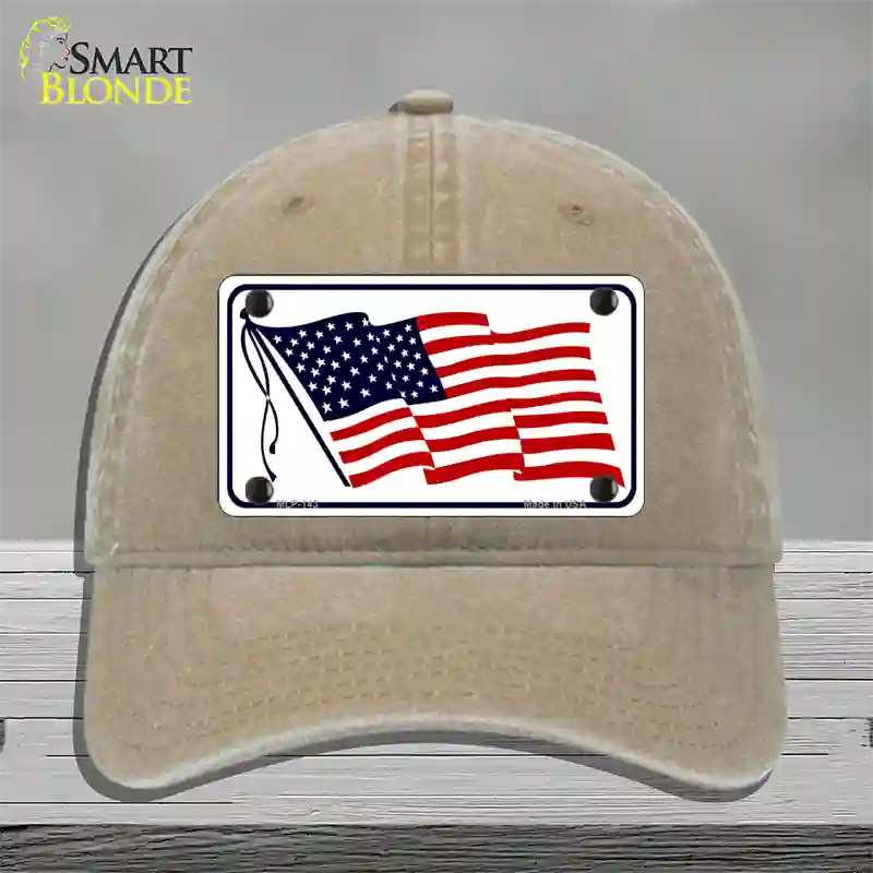 American Flag Waving White Novelty License Plate Hat Unconstructed Cotton / Khaki