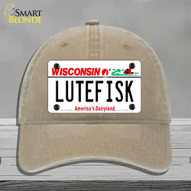 Lutefisk Wisconsin Novelty License Plate Hat Unconstructed Cotton / Khaki