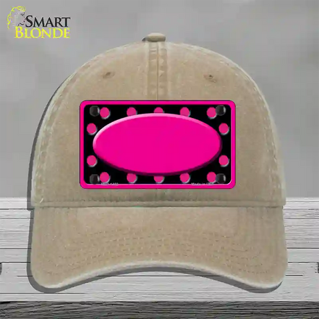 Pink Black Polka Dots Pink Frame And Center Oval Novelty License Plate Hat Unconstructed Cotton / Khaki