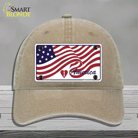 I Love America Flag Novelty License Plate Hat Unconstructed Cotton / Khaki