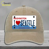 I Love Seattle Washington Novelty License Plate Hat Unconstructed Cotton / Khaki