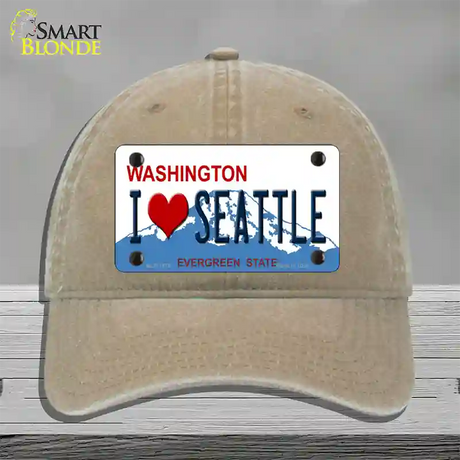 I Love Seattle Washington Novelty License Plate Hat Unconstructed Cotton / Khaki