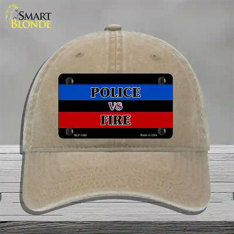 Police Vs. Fire Novelty License Plate Hat Unconstructed Cotton / Khaki