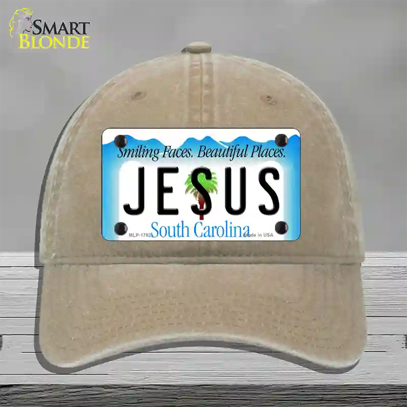 Jesus South Carolina Blue Novelty License Plate Hat Unconstructed Cotton / Khaki