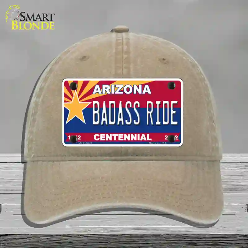 Arizona Centennial Badass Ride Novelty License Plate Hat Unconstructed Cotton / Khaki