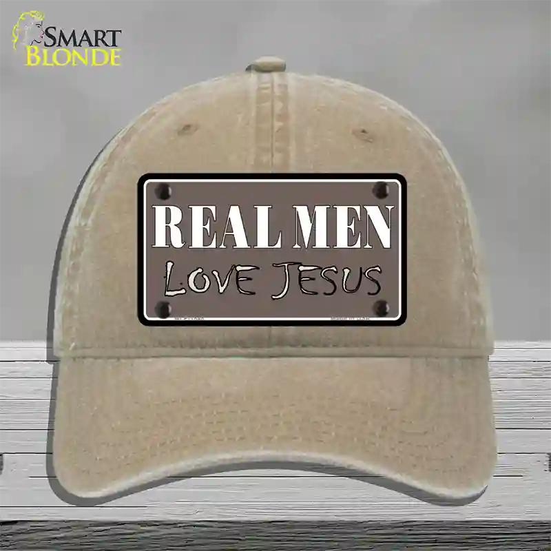 Real Men Love Jesus Novelty License Plate Hat Unconstructed Cotton / Khaki