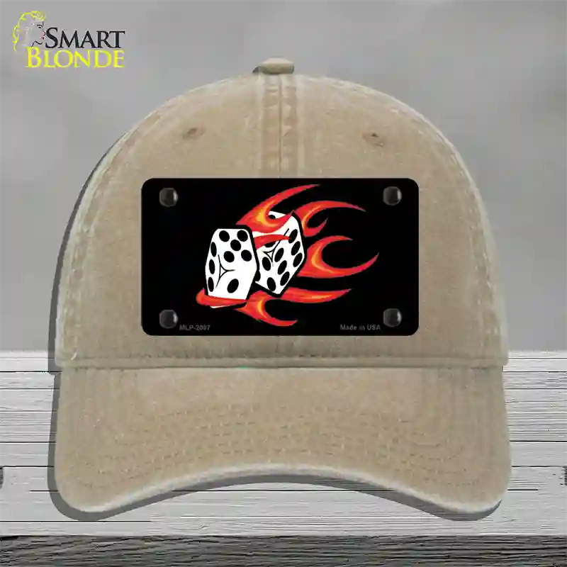 Red Hot Flaming Dice Novelty License Plate Hat Unconstructed Cotton / Khaki