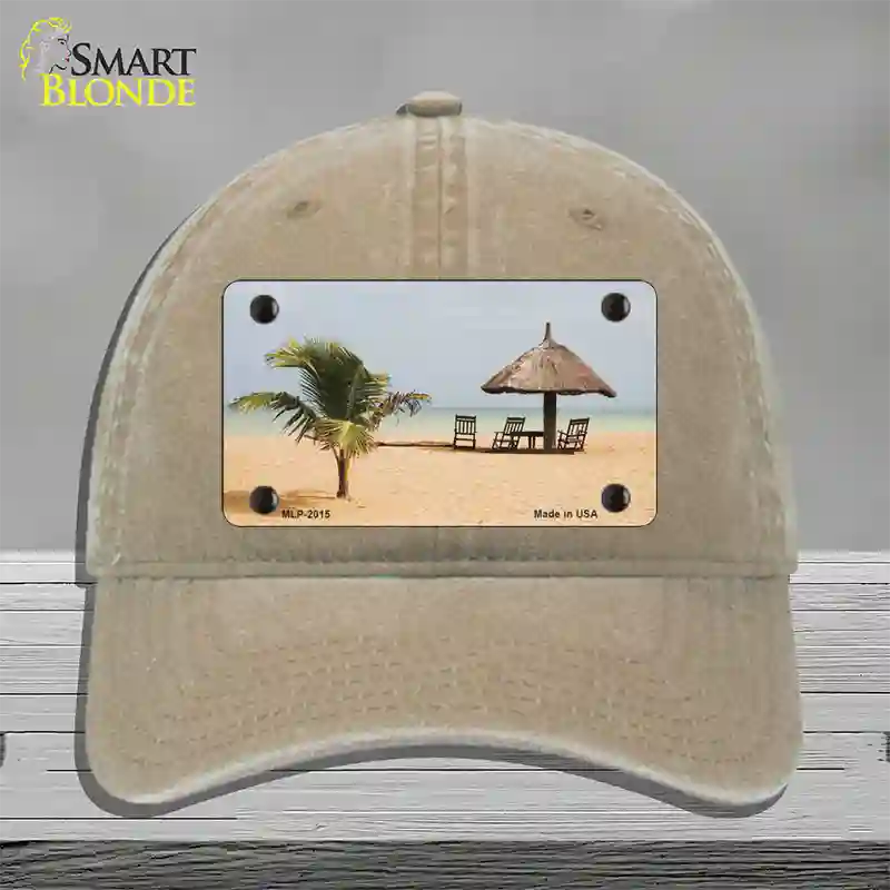 Tropical Beach Setting Novelty License Plate Hat Unconstructed Cotton / Khaki