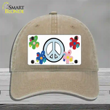 Peace Sign and Flowers Novelty License Plate Hat Unconstructed Cotton / Khaki