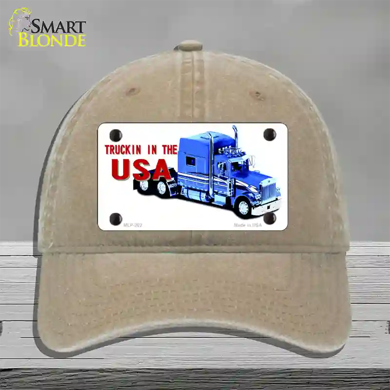 Trucking In The USA Novelty License Plate Hat Unconstructed Cotton / Khaki