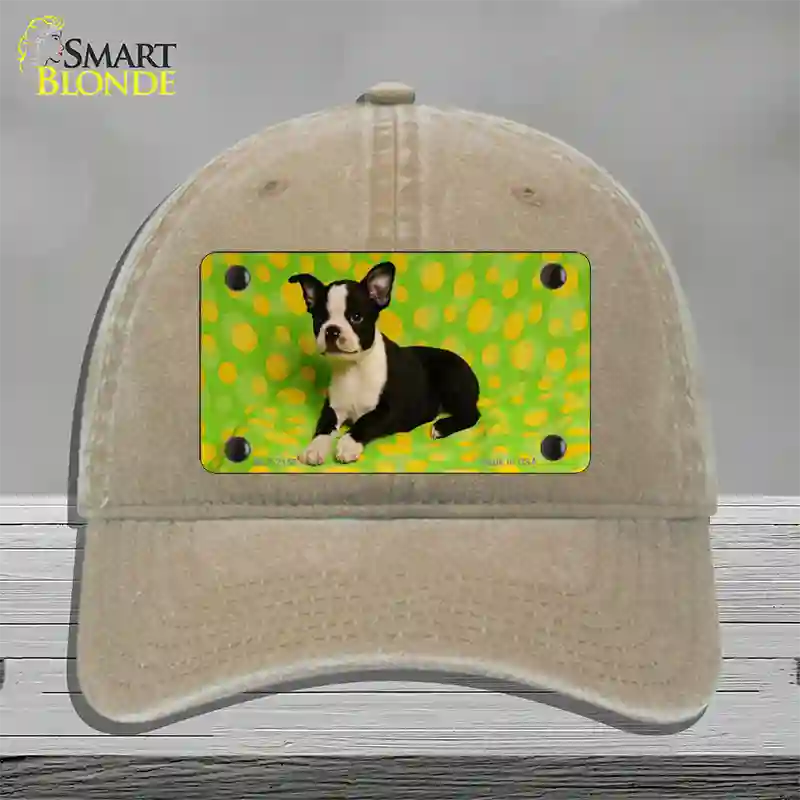 Boston Terrier Dog Novelty License Plate Hat Unconstructed Cotton / Khaki