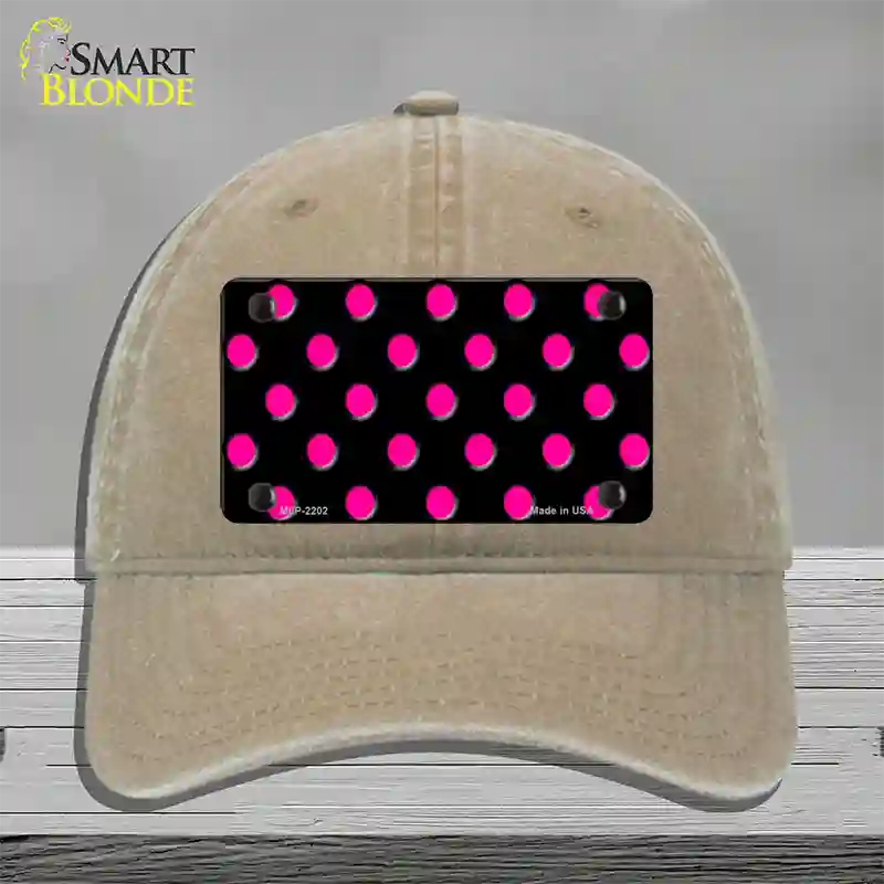 Hot Pink Polka Dots Black Novelty License Plate Hat Unconstructed Cotton / Khaki