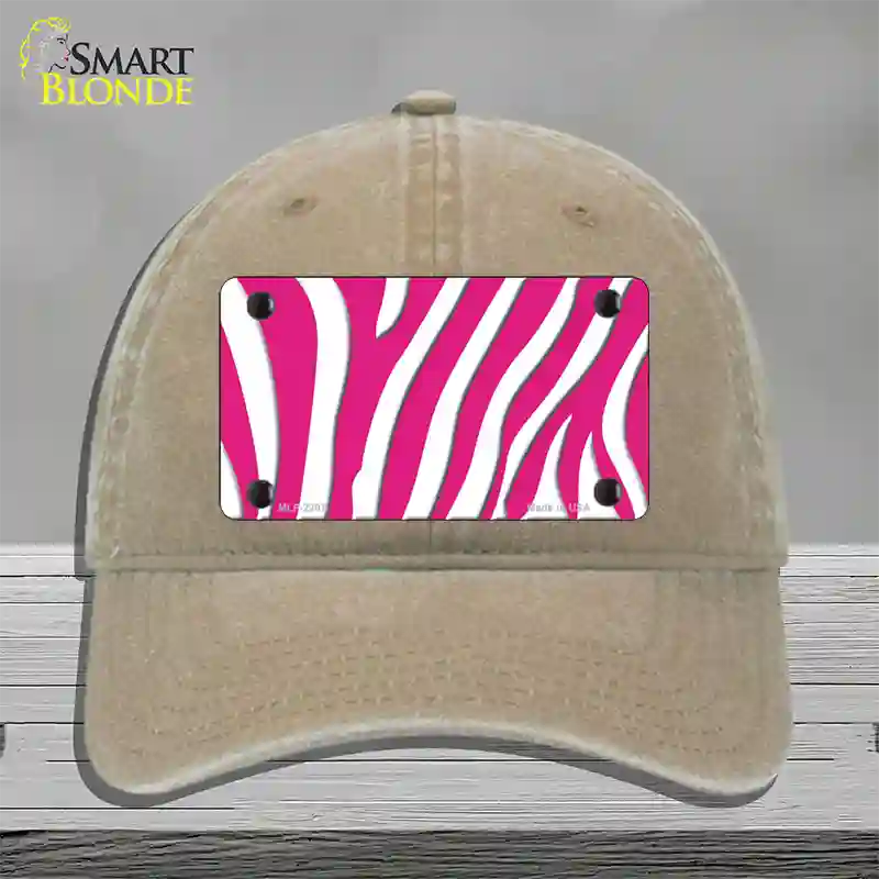 Hot Pink White Zebra Novelty License Plate Hat Unconstructed Cotton / Khaki