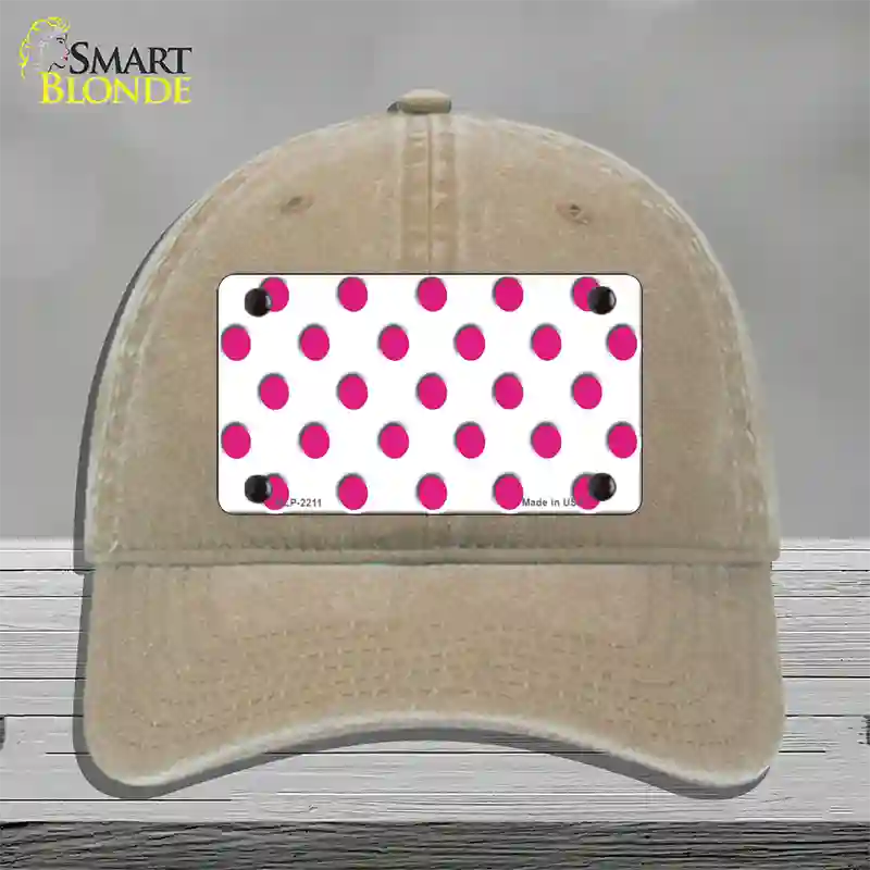 Hot Pink Polka Dots White Novelty License Plate Hat Unconstructed Cotton / Khaki