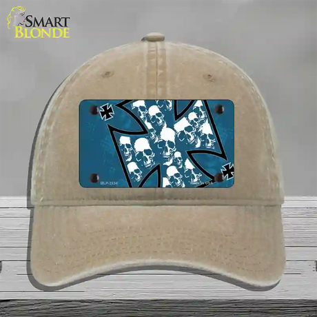 Maltese Cross Skulls Novelty License Plate Hat Unconstructed Cotton / Khaki