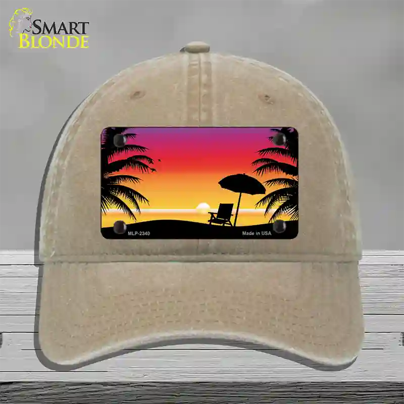 Sunset Beach Novelty License Plate Hat Unconstructed Cotton / Khaki