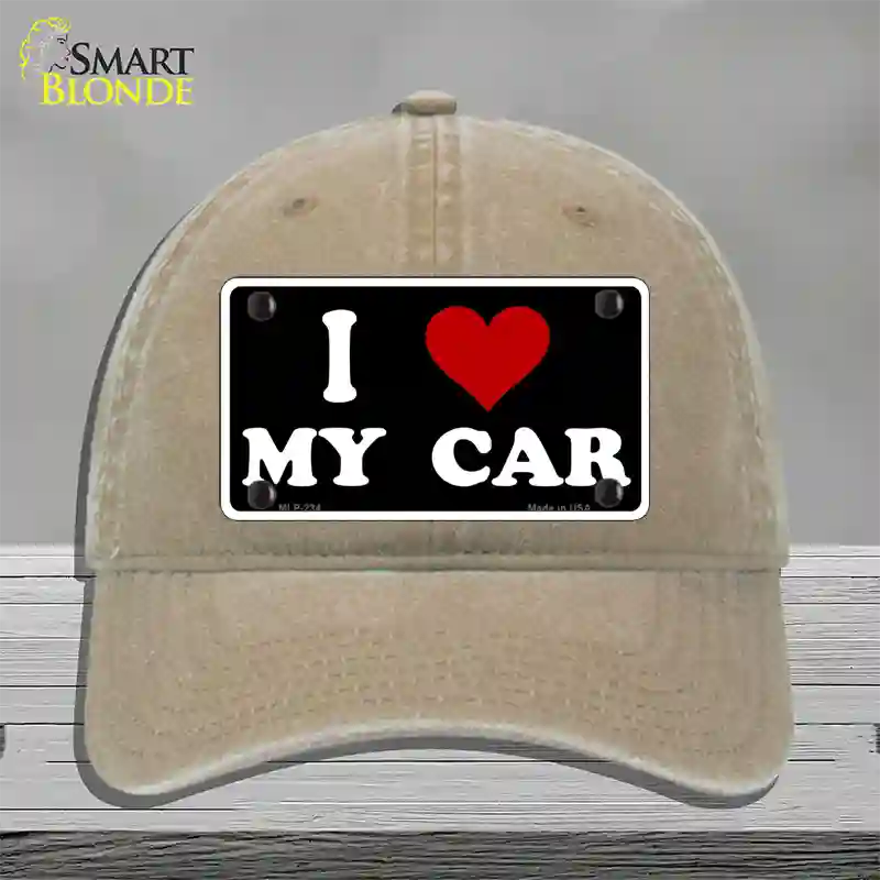 I Love My Car Black Novelty License Plate Hat Unconstructed Cotton / Khaki